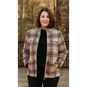 Rachel Zoe NWT Plaid Moto Jacket Sz M Zip Front Snap Pockets Red Beige Check